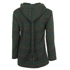 May include: A dark gray hooded sweater with a long, braided cord and a tassel. The sweater has a striped pattern with colorful dots.
