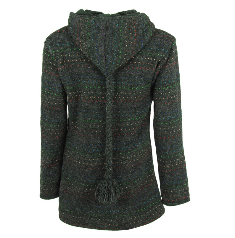 May include: A dark gray hooded sweater with a long, braided cord and a tassel. The sweater has a striped pattern with colorful dots.