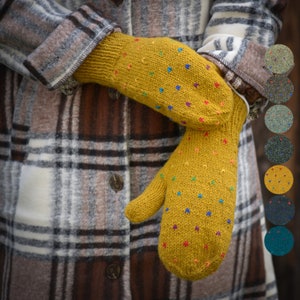 Fäustlinge aus Wolle Modell Nadeen-Regenbogen, komplett mit Fleece gefüttert, Fausthandschuhe, Winterhandschuhe Reg. Ocker 150R