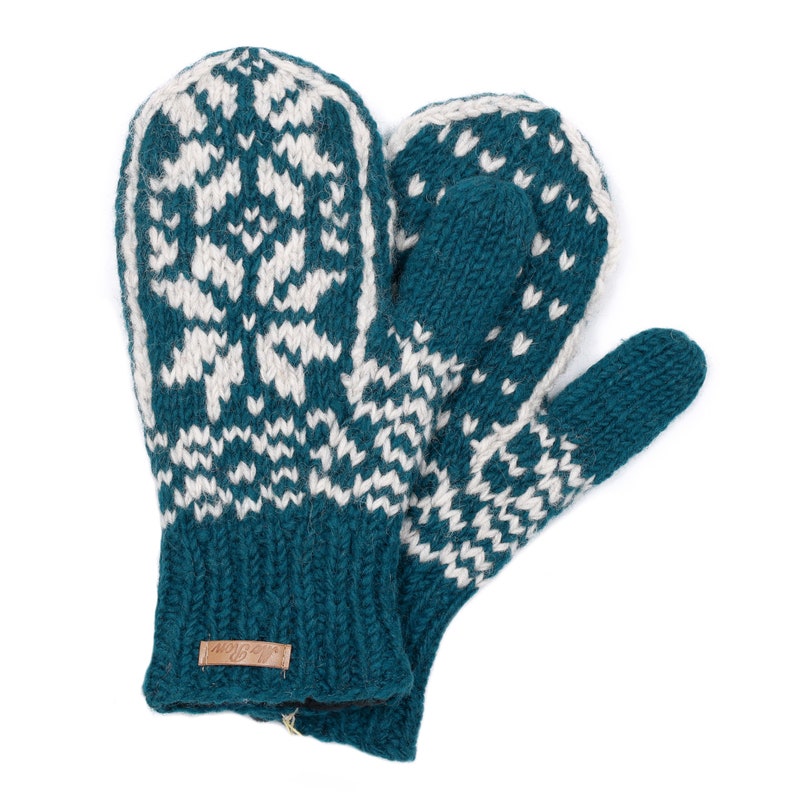 Gefütterte Fäustlinge im Norweger Design Modell Snowmor Hoher Schurwollanteil Winter Handschuhe Petrol