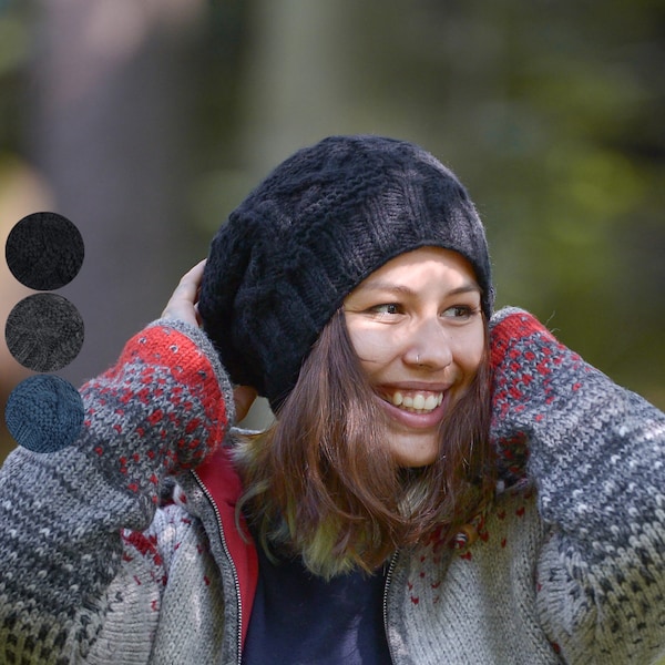 Beanie Wollmütze "Modell Noah", gestrickte Wollmütze im Zopfmuster, komplett mit Fleece gefüttert