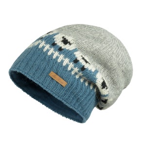 Beanie wool hat in sheep design Model Samsar completely lined with fleece Blue