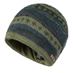 May include: A green and blue patterned knit beanie with a fleece lining. The beanie has a fold-over cuff.