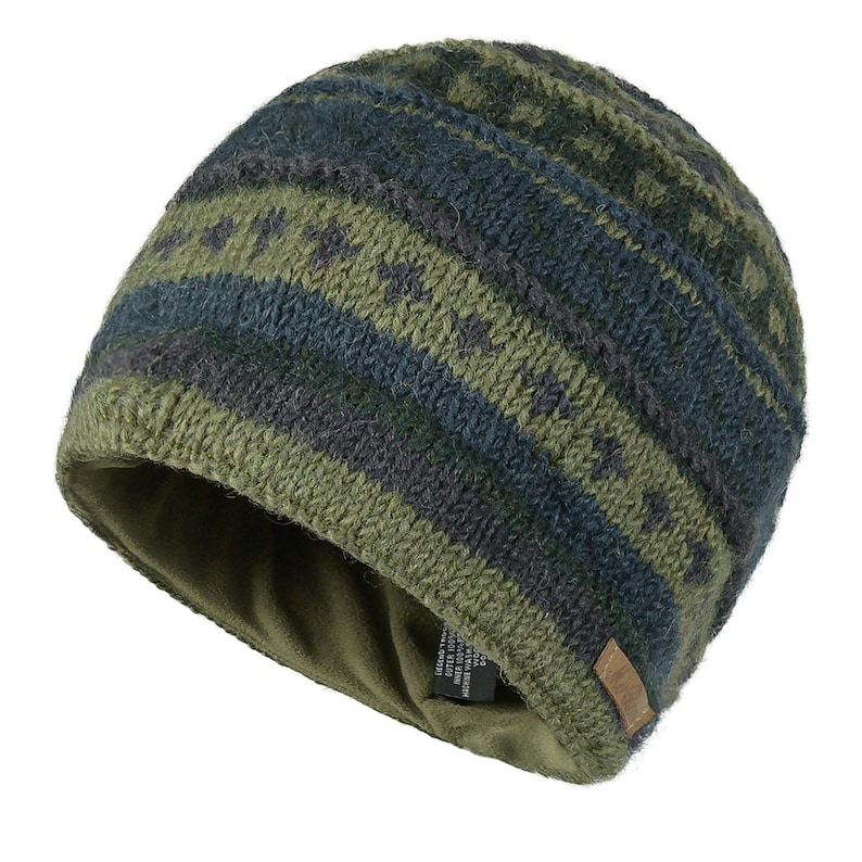 May include: A green and blue patterned knit beanie with a fleece lining. The beanie has a fold-over cuff.