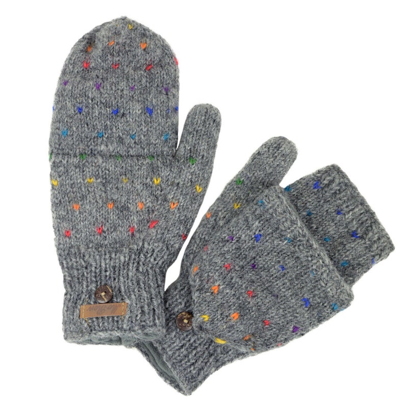 Klapphandschuhe Modell Naomi-Regebogen, Strickhandschuh zum Klappen, mit Fleece gefüttert, Winterhandschuh Mittelgrau