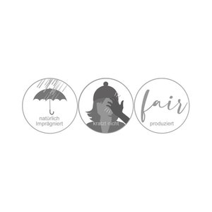 May include: Three gray circles with white text and icons. The first circle shows a gray umbrella with raindrops and the text "naturally impregnated". The second circle shows a gray silhouette of a person wearing a hat with their hand covering their face and the text "doesn't scratch". The third circle shows the word "fair" in cursive and the text "produced".