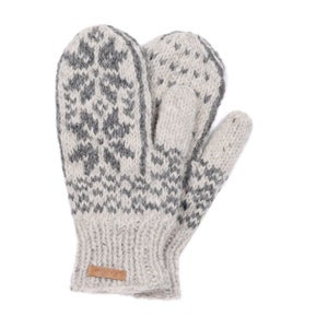 Gefütterte Fäustlinge im Norweger Design Modell Snowmor Hoher Schurwollanteil Winter Handschuhe Naturhellgrau