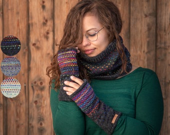 Pulswärmer mit Daumen "Modell Ida Regenbogen" Armstulpen, komplett mit Fleece gefüttert