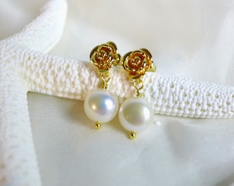 Bridal earrings|Wedding Jewelry| bridesmaid Earrings|Freshwater Pearl Earrings|Gold Flower Earrings,Teardrop Pearl Earrings|Valentines Gift