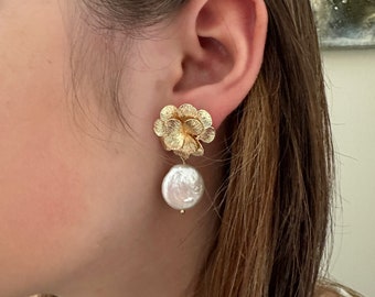 Bridal earrings,Baroque Pearl Earrings|Natural Freshwater Coin Shape Pearl Earrings |Pearl Drop Earrings|Wedding Jewelry|Pearl Earrings