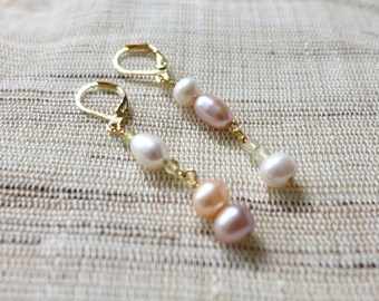 Pearl Earrings,Natural Freshwater Pearl Asymmetric Earrings,14K Gold Filled Long Drop Earrings,Bridal earrings,Wedding Jewelry,Birthday Gift