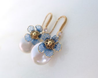 Pendientes nupciales, pendientes de perlas encantadoramente elegantes, grandes pendientes de flores de perlas naturales de agua dulce/pendientes colgantes de perlas, pendientes Art Déco