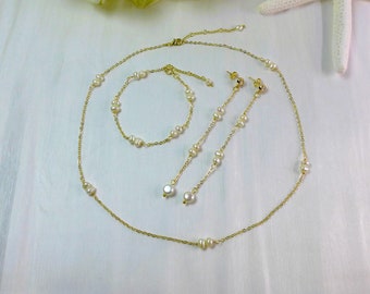 Bridal Jewelry Set,Pearl Earrings,Pearl Necklace,Pearl Bracelets, Gold Filled Long Drop Earrings,Wedding Jewelry Set, Statement Jewelry