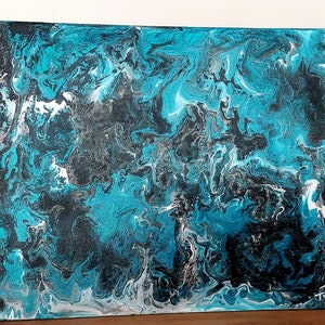 Oceánico - Pintura fluida acrílica abstracta original sobre tablero de lienzo