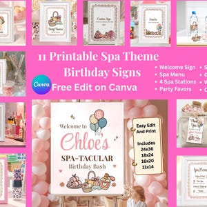Girls Birthday Signs Spa Bundle Editable Canva Welcome Sign, Station Labels, Gift Tags, Water Bottle Label Printable