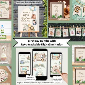Op de afbeelding: Een verzameling verjaardagsfeestdecoraties en digitale uitnodigingen met een safarithema. Inclusief een welkomstbord, cupcake toppers, waterfleslabels en een kinderstoelbanner. De digitale uitnodigingen bevatten interactieve Google Maps-links en RSVP-tracking.