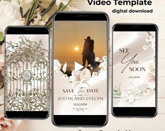 Può includere: Tre smartphone che mostrano un modello video a tema matrimonio. Il telefono centrale mostra una coppia in silhouette contro un tramonto, con il testo "Save the Date". Gli altri telefoni mostrano un cancello decorativo e un messaggio "See You Soon".