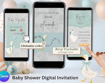 Invito per baby shower "Silly Goose" con download digitale, link cliccabile per il registro, modello RSVP tracciabile