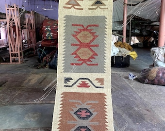 Stair Handwoven Wool Jute Kilim Runner Rug: Oriental Indian Design Runner
