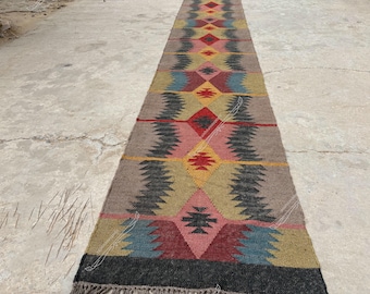 Handwoven Wool Jute Kilim Runner: Bohemian Indian Dhurrie Rug