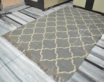 Handwoven Wool Jute Kilim Rug: Bohemian Dhurrie, Geometric Indian Home Decor
