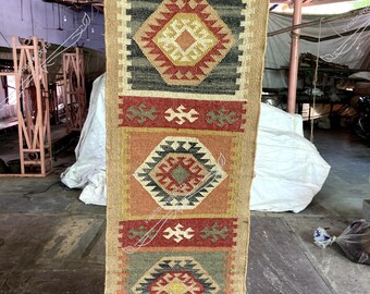 Handmade Kilim Stair Wool Jute Rug Traditional Area Floor Runner Red Southwestern Navajo Carpet