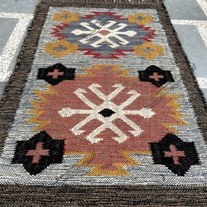 Handmade Wool Jute Kilim Rug, Vintage Kilim Runner, Indian Jute Rug, Kitchen Rug, Living Room Rug, Home Decor Rug, 5x7 Wool Jute Rug