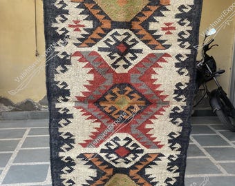 Handwoven Wool Jute Kilim Rug, Wool Jute Rug, Kilim Jute Rug, Flatweave Rug, Bohemian Rug, Indian Dhurrie Rug, Navajo Kilim Rug, Custom rug