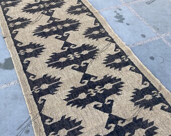 Southwestern Handwoven Wool Jute Kilim Runner – Geometric Oriental Stair Carpet