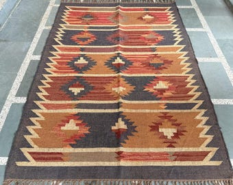 Handmade Kilim Rug, Traditional Indian Geometric Dhurrie, Living Room Rug,Custom Size Area Carpet
