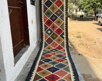 Handwoven Wool Jute Kilim Rug, Colorful Diamond Pattern, Runner