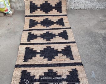 Handgemaakt jute traploperkleed: zwart boho hennepdecor entreevloerkleed