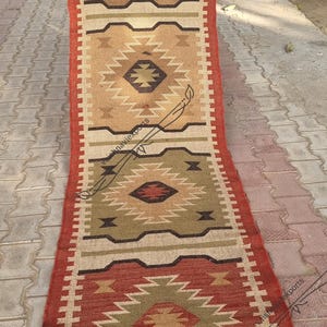 Handmade Wool Jute Kilim Runner: Woven Aztec Stair Rug