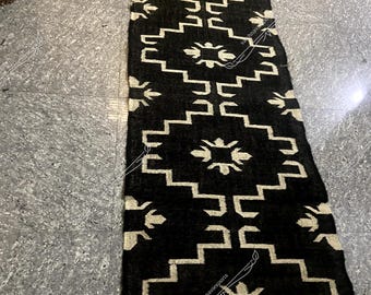 Black Strip Wool Jute Kilim Dhurrie  Handwoven Wool Jute Runner Bohemian  Wool Jute Kilim Runner| Reversible Handwoven Vintage Antique Rug