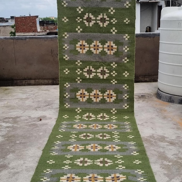 Stair Handwoven Green Kilim Rug Runner: Wool & Jute Bohemian Floor Decor, Rugs For Balcony, Kitchen Carpet
