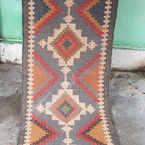 Handwoven Wool Jute Kilim Runner Rug: Traditional Ethnic Design