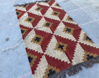 Handmade Wool Jute Kilim Rug: Bohemian Vintage Area Carpet, LivingRoom Rug