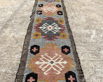May include: A long, narrow rug with a geometric pattern in shades of gray, brown, pink, and yellow. The rug has a fringe on both ends.