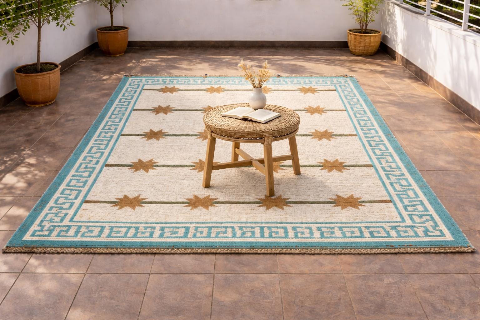 Durries Rugs 5x8 Sky Blue White Border Large Size Wool Jute Kilim Rug: Bohemian ...