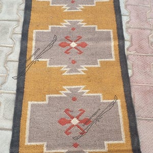 Handwoven Wool Jute runner Handmade Kilim Dhurrie Rug, Motifs Oriental Traditional Indian Geometric Turkish Home décor  2x24  Kilim runner