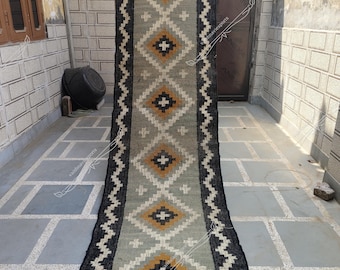 Kilim Rug Runner, Handwoven Wool and Jute runner, Kilim Dhurrie runner, Traditional Indian Jute runner, Handmade Area runner, Navajo runner