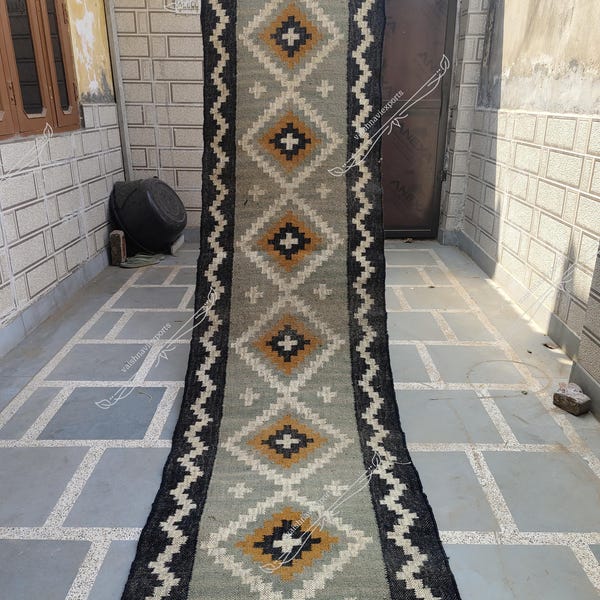 Handwoven Wool Jute Kilim Rug Runner, Bohemian Navajo Style