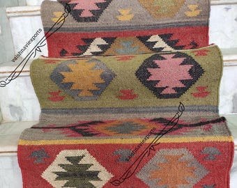 Handgemaakte wollen jute kelim traploper: geometrisch Indiaas vloerkleed