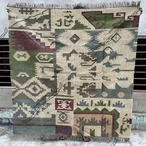 Handwoven Wool Jute Kilim Rug, 5x8, 8x10, Ft Kilim Rugs, Handmade Flatweave Rug, Navajo Kilim Rug Boho Area Rug Large wool rug, indoor rug