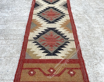 Handwoven Wool Jute Kilim Runner Rug: Geometric Indian Decor Stair Floor Carpet
