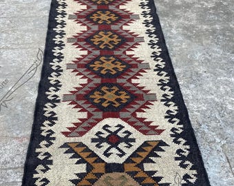 Alfombra Kilim de yute y lana hecha a mano: decoración turca bohemia, alfombras para balcones