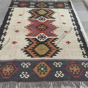 Bohemian Wool Jute Kilim, Moroccan Rug, Handmade Traditional Affordable Rug, Fringes Rug, Multicolor Décor Wool Jute Rug, Turkish Jute Rug