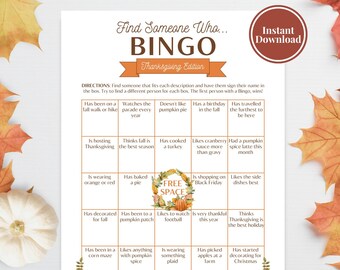Thanksgiving Find Someone Who Bingo Printable Game | Find The Guest | Friendsgiving | Thanksgiving Party Games | Family Games | Ice Breaker