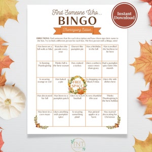 Thanksgiving Find Someone Who Bingo Printable Game | Find the Guest ...