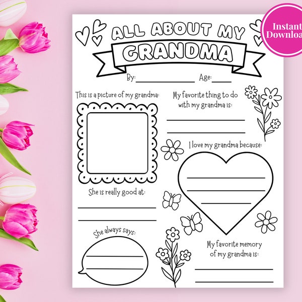 All About Grandma Questionnaire | Printable Mothers Day Gift | Mothers Day Activity | Fill In The Blank Coloring Page | Grandma Gift